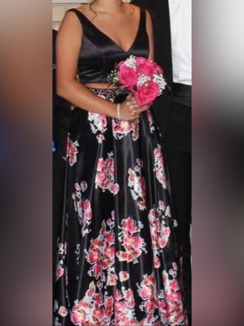 Black Floral Satin Prom Dress with Pink Roses